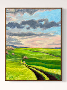 Painting of a green field with a pink sunrise